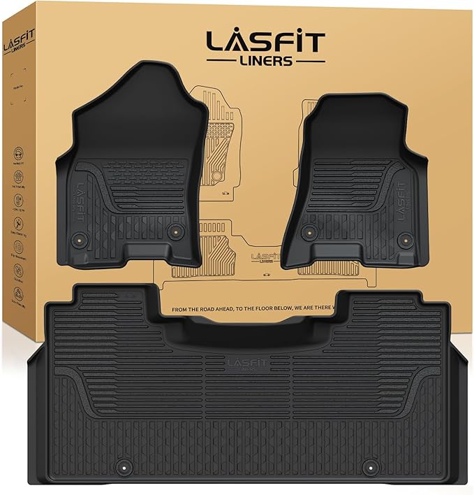 LASFIT Floor Mats for Ram 1500 2019-2024 Crew Cab with Rear Under-Seat Storage Bucket Seat (NOT Fit for Classic Model), 4 Full Size Doors All Weather TPE Custom Fit 1st & 2nd Row, Black