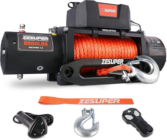 ZESUPER 9500 lb Load Capacity Electric Winch,12V Waterproof IP68 Winch with Wireless Handheld Remotes, Wired Switch,Hawse Fairlead, 80ft Synthetic Rope Winches for Jeep Trailer Truck Off-Road Vehicle