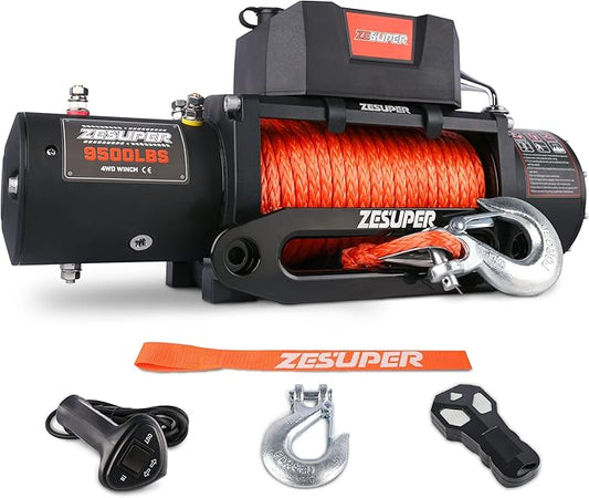 ZESUPER 9500 lb Load Capacity Electric Winch,12V Waterproof IP68 Winch with Wireless Handheld Remotes, Wired Switch,Hawse Fairlead, 80ft Synthetic Rope Winches for Jeep Trailer Truck Off-Road Vehicle