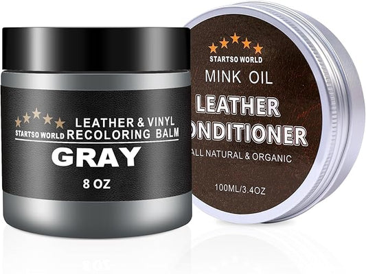 STARTSO WORLD Leather Recoloring Balm with Mink Oil Leather Conditioner, Leather Repair Kit for Couches, Gray Leather Dye for Furniture, Car Seat, Sofa, Shoes, Vinyl