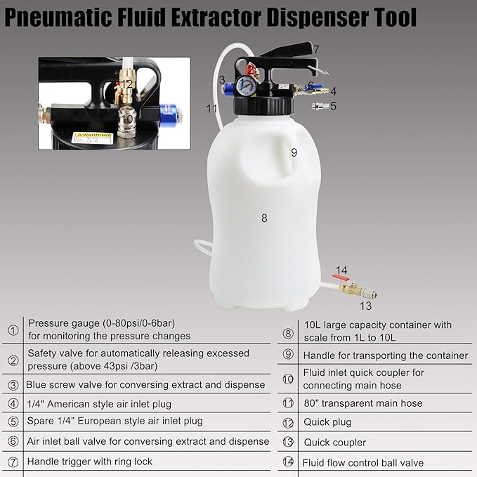 YSTOOL 10L Pneumatic Fluid Extractor Dispenser Set ATF Refill Tool Kit for Changing Oil in Engine Transmission Differential Transfer Case Gear Gearbox Power Steering Coolant with Pump, Black Case