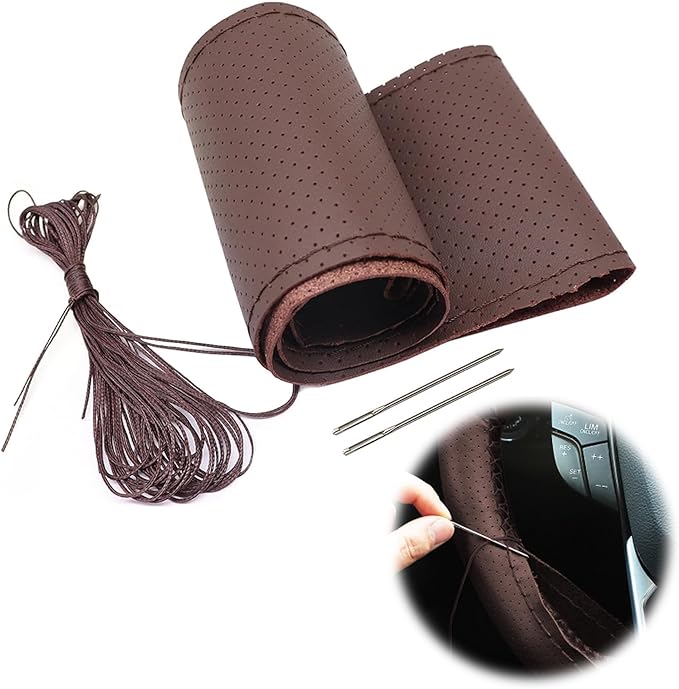 GXARTS 14.5-15-Inches Universal Steering Wheel Cover Leather Breathable Brown Coffee Color Stitch On Wrap Cover DIY Sewing Steering Wheel Protector Anti Slip Fit for Most Cars SUVs and Trucks