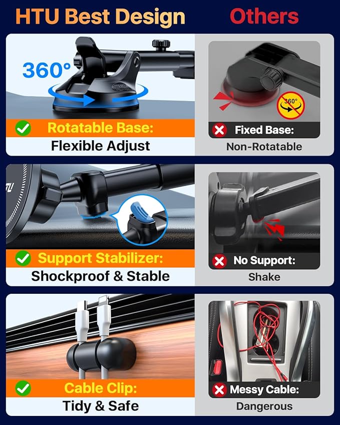 HTU for MagSafe Car Phone Mount Magnetic Car Phone Holder for Windshield Vent Dashboard Magnetic Suction Phone Mount for iPhone 17/16/15/14/13/12 & Android (Silver Gray)