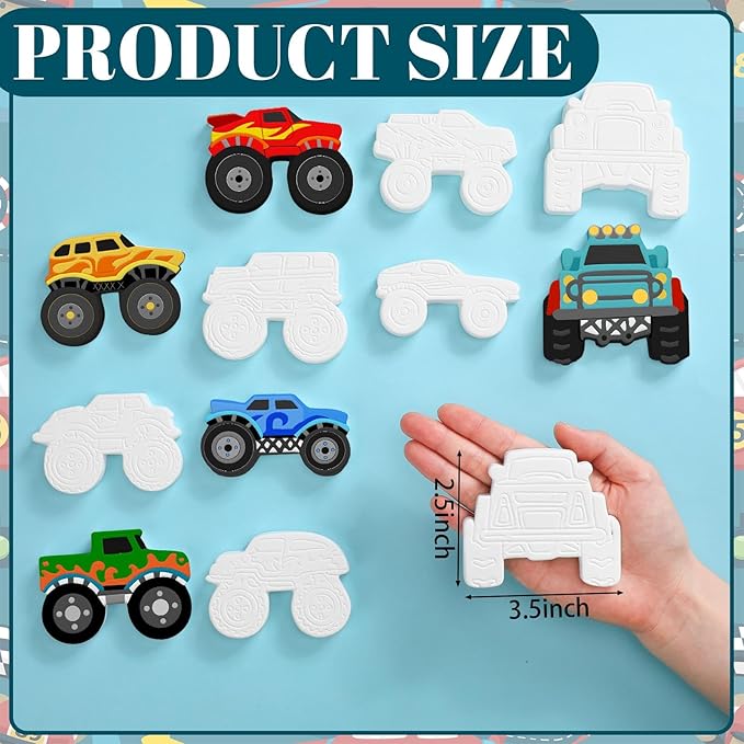 Simgoing 24 Pcs Ready to Paint Ceramic Monster Truck Ornaments Unpainted DIY Ceramic Painting Kit with 24 Acrylic Paints 4 Paint Brushes 2 Palettes for Kids Paintable Figurines for Adults Crafts