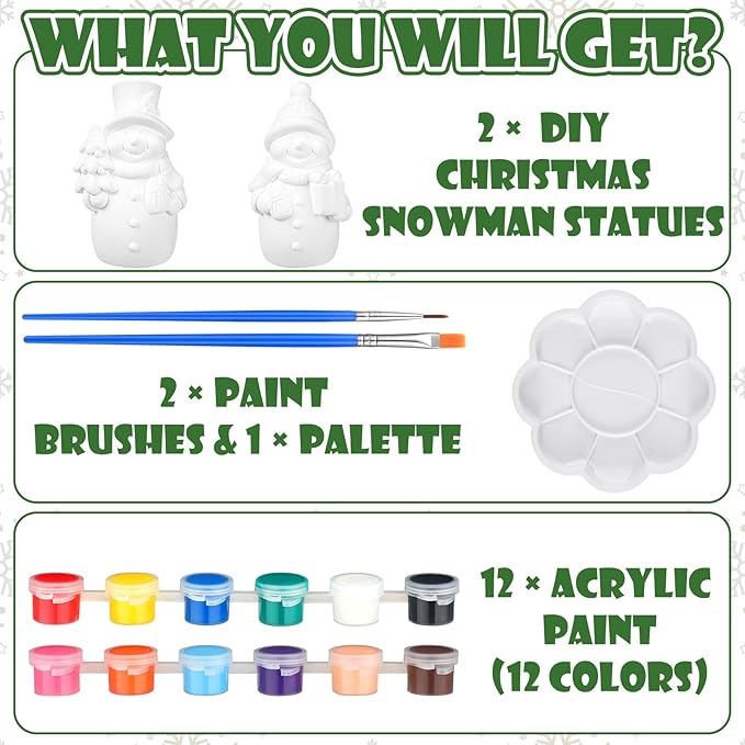 Seenelling 2 Pack Christmas Snowman Ceramics Ready to Paint Your Own Statues 4'' DIY Unpainted Figurines Kit Blank Paintable Ceramics Classroom Art and Crafts Decorations