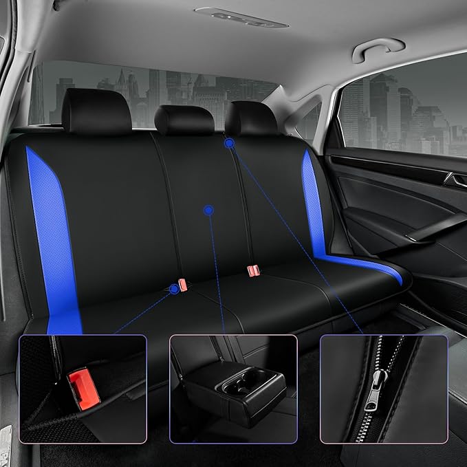 Road Comforts Car Seat Cover, Leather Seat Cover Full Set, Automotive Interior Seat Covers, Universal Fit for Most Cars, SUVs, Trucks, and Vans, Airbag Compatible (Blue)