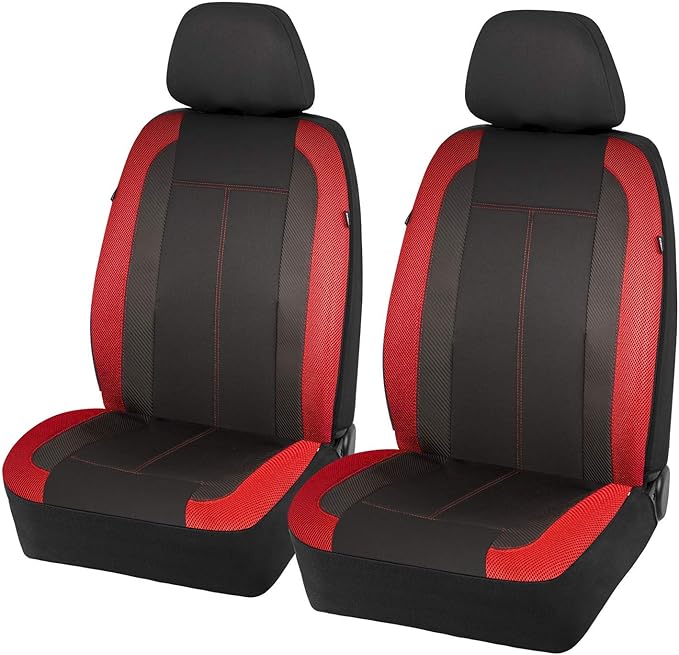 PIC AUTO Low Back Car Seat Covers - Sports Carbon Fiber Mesh Design, Two Front Set, Airbag Compatible, Universal Fit for Most Cars (Red)