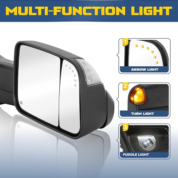 Power Heated Towing Mirror Compatible for 2009-2018 Dodge Ram 1500 2500 3500/2019-2024 Ram 1500 Classic w/LED Turn Signal Light Arrow Light Temperature Sensor -2 PCS (Black)