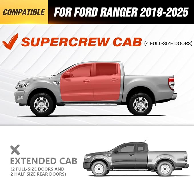 Three Raised Steps Running Boards Compatible for 2019-2025 Ford Ranger Supercrew Cab Side Steps (4 Full Size Doors), Two Stairs Design Bolt-on Side Rails Step Nerf Bar