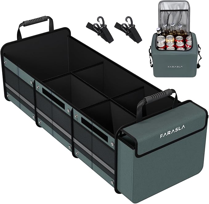 Farasla Waterproof Trunk Organizer with Insulated Leakproof Cooler Bag, Foldable Cover, Adjustable Securing Straps (4-in-1 w/Cooler, Gray)