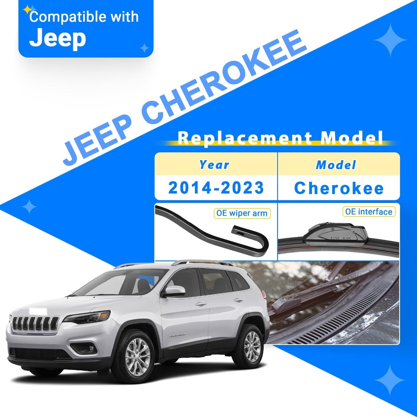 Windshield Wiper Blades Replacement for 2014-2023 Jeep Cherokee Original Factory Quality Front Rear Wipers Blade Set for My Car - 26" 18" 14" (Pack of 3)