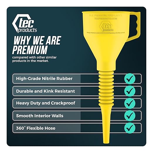 TEC Products FlexAll Long Flexible Funnel for Automotive Use - Durable Nitrile Rubber - Ideal for Car Oil Change, Transmission Funnel Fluid, Diesel, Fuel, Gas - Made in USA - Yellow (12 x 4 Inches)