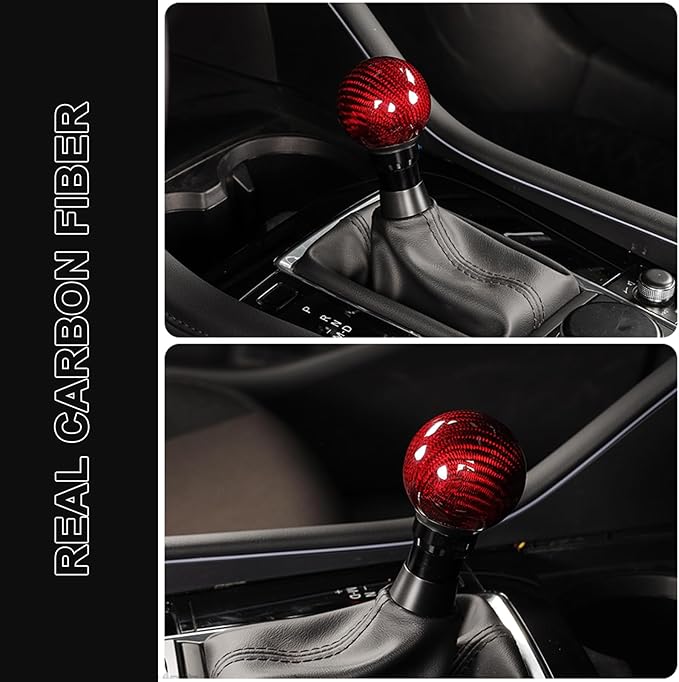 Real Carbon Fiber Shift Knob Gear Shifter Knobs with 3 Adapters Round Ball for Most Manual Car Universal Gear Shift Knob (Red)