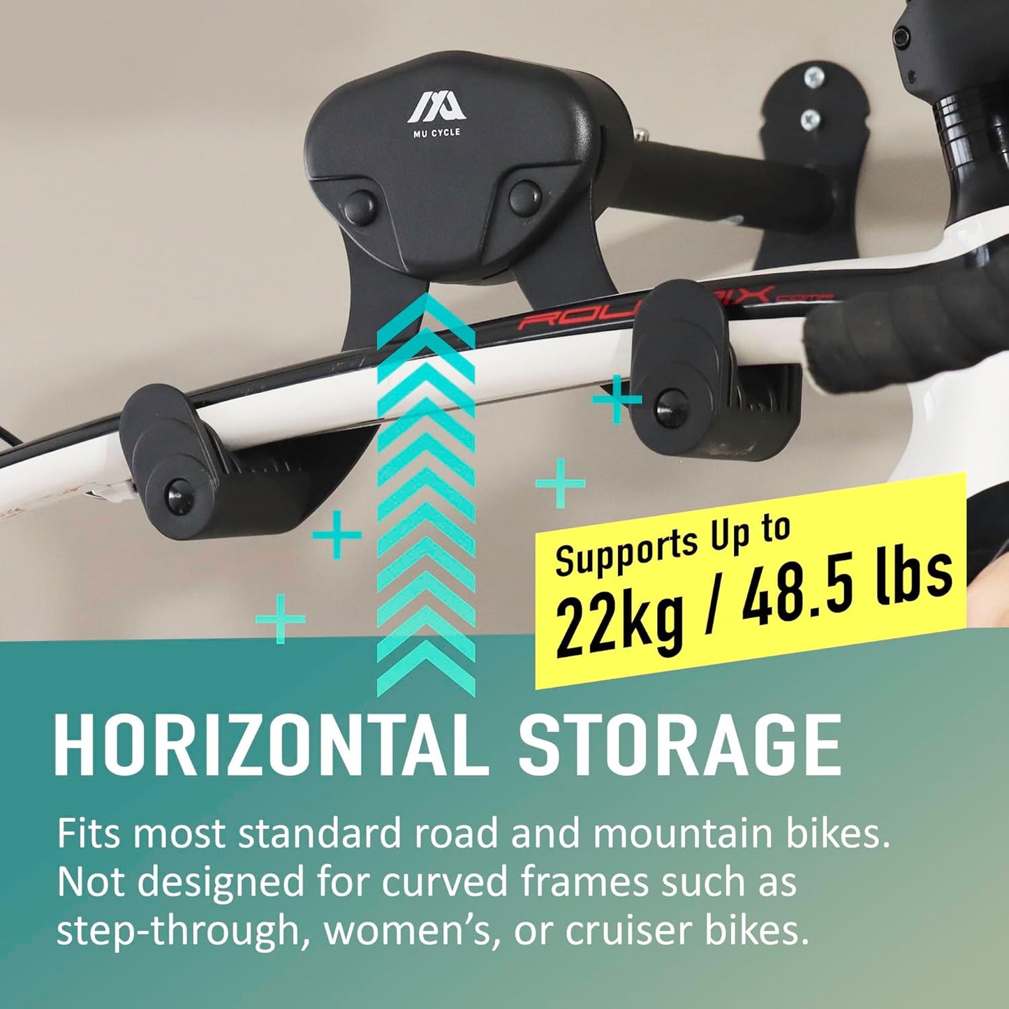 Buffalo Bike Wall Mount Rack – Adjustable Horizontal Indoor Hanger for Road, Mountain & Hybrid Bikes up to 48.5 lbs | Space-Saving Heavy-Duty Bicycle Storage for Garage & Home