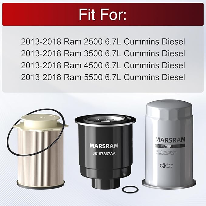 Marsram 6.7 Cummins Fuel Filter and Oil Filter Fits for 2013-2018 Ram 2500 3500 4500 5500, 6.7 Cummins Oil Filter for 2013 2014 2015 2016 2017 2018 Dodge Ram Replaces 68157291AA 68197867AA 5083285AA
