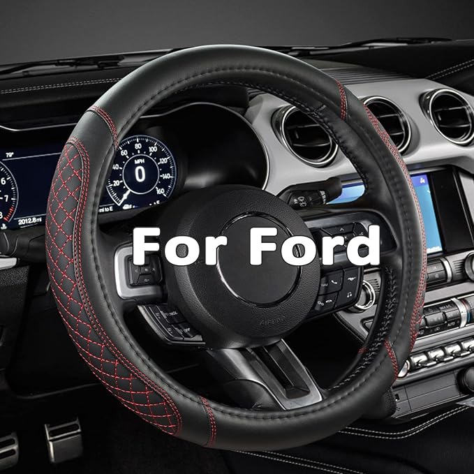 West Llama Car Steering Wheel Cover for Ford Escape,Explorer,Fusion,Focus,Bronco,Transit,Edge(Diamond Quilted - Black+Red- Standard Size)