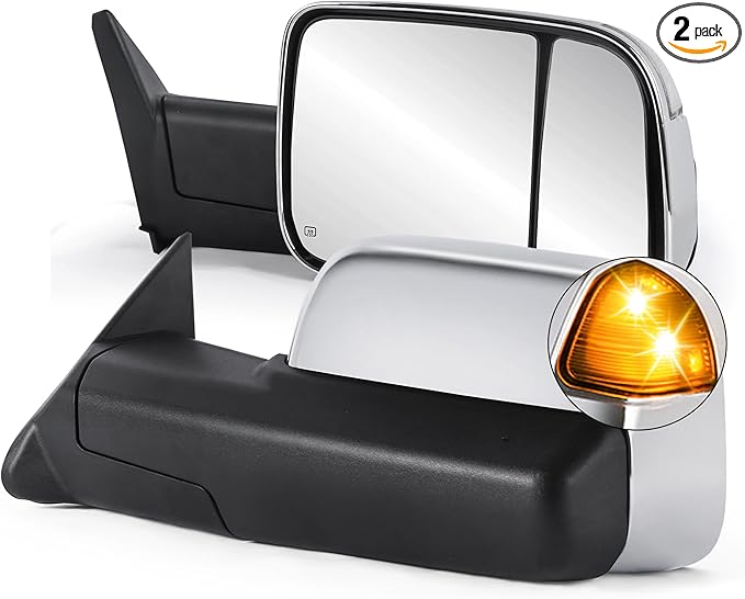 Pair Chrome Power Heated Towing Mirrors Compatible for 1998-2001 Dodge Ram 1500/1998-2002 Dodge Ram 2500 3500 w/Led Turn Light