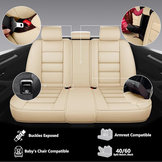 NS YOLO Leather Car Seat Covers Full Set,Universal Fit for Most Cars,SUVs and Sedans,Waterproof Luxury Leatherette Cushions, 5 Car Seat Protectors (Beige, Full Set-5 Seats(Front and Rear))