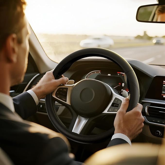 HOTOR Car Steering Wheel Cover - Universal Car Accessory for Diverse Cars, Leather Cover with Anti-Slip Lining, for Steering Wheel with a Diameter of 15.5"-16",Black