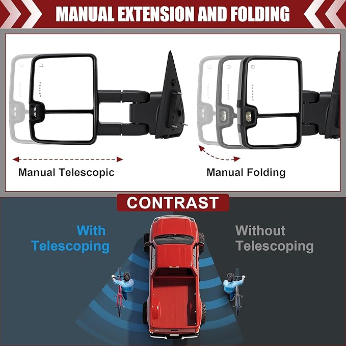 Tow Mirrors Compatible with 2007-2021 Tundra, 2008-2017 Sequoia, Extended Trailer Towing Side Mirrors with Sequential Switchback Turn Signal, Power Heated, Backup Light, Arrow Light, Chrome
