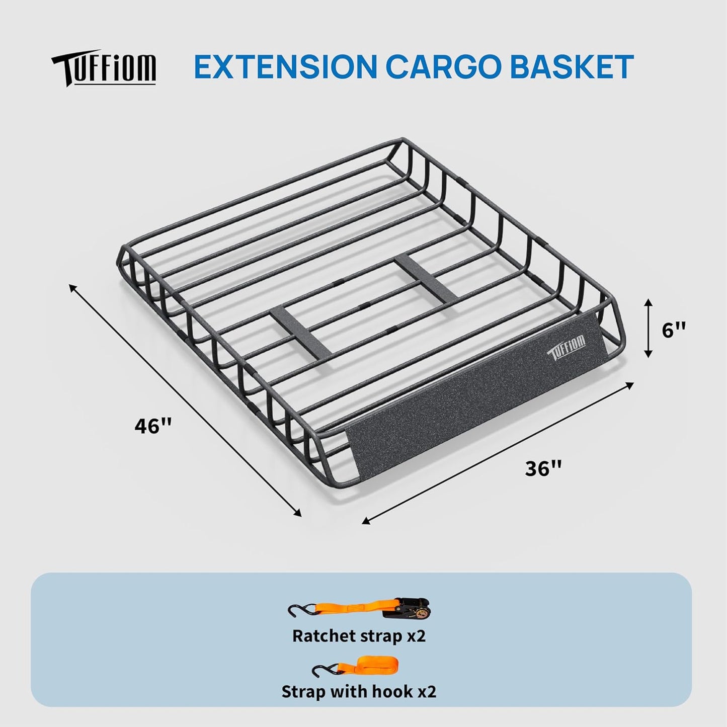 TUFFIOM 46"x 36"x 6" Universal Rooftop Cargo Carrier Basket, Heavy Duty Steel Roof Rack Basket w/4 Straps with Hook, Car Top Rack Luggage Holder Carrier for SUV Car Truck Van