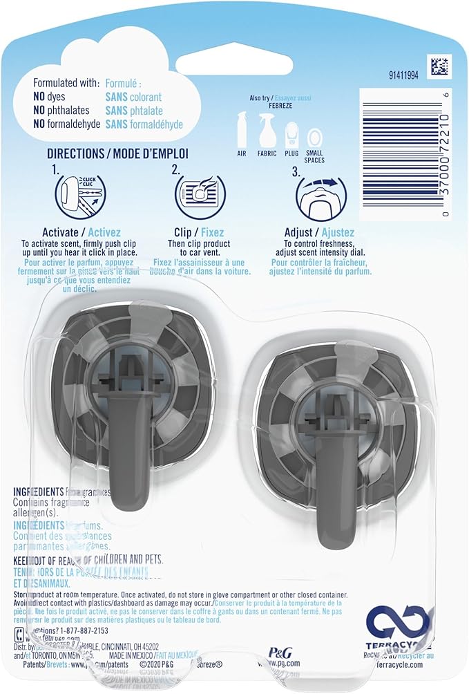 Febreze Car Odor Eliminating Freshener Vent Clip, Bora Bora Waters, 2 count (Pack of 2), White