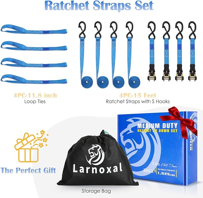 Ratchet Straps 4 Pack - 1,826 Lbs Break Strength 1 in x 15 Ft Medium Duty Ratchet Tie Down Straps with S Hooks Set for Truck, Cargo Van, Trailer, Motorcycle (Blue)