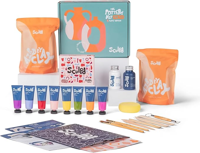 Sculpd - The Original Pottery Kit - Complete Air Dry Clay Kit for Adults Includes Sculpting Tools, Varnish, Paint Brushes, Guides, Arts & Crafts Sets, Gloss Varnish with Floral Tones