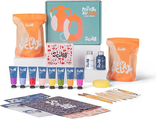 Sculpd - The Original Pottery Kit - Complete Air Dry Clay Kit for Adults Includes Sculpting Tools, Varnish, Paint Brushes, Guides, Arts & Crafts Sets, Gloss Varnish with Floral Tones