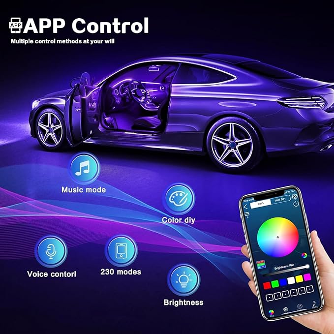 Acrylic Interior Car LED Strip Light with Wireless APP, 10 in 1 with 175 inches 593 LEDs Neon LED Strip Light, RGB Colors Dynamic Music Sync Car Ambient Lighting Kits