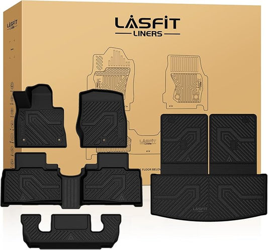 LASFIT Floor Mats & Cargo with Backrest Mat for Ford Explorer 2020-2021 6 Passenger, Custom Fit All Weather Protector TPE Easy Clean Floor Liners, 5pcs Full Set Black
