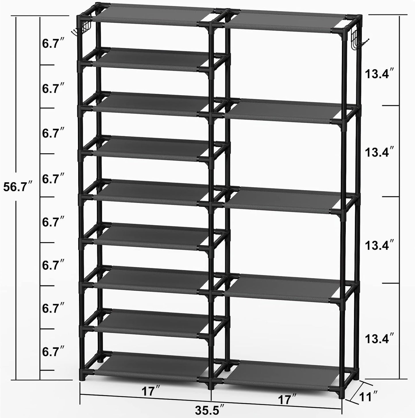 Tall Garage Shoe Rack Large Capacity,Two Rows Versatile Hooks Storage Boot Shelf Black 24-35 Pairs