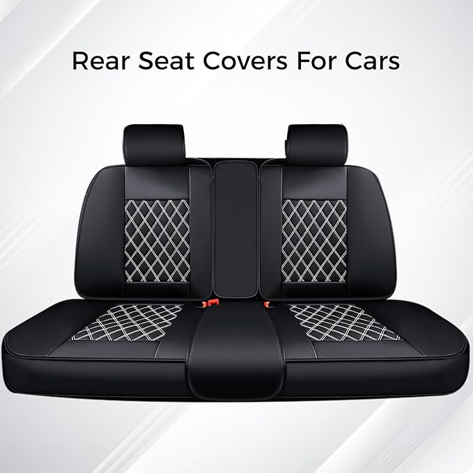 Huidasource Rear Bench Car Seat Covers, Waterproof Leather Back Seat Cushion Cover, Back Seat Cover Armrest Compatible Universal Fit for Most Cars Sedan SUV Pickup Truck (Back Row/Black&White)