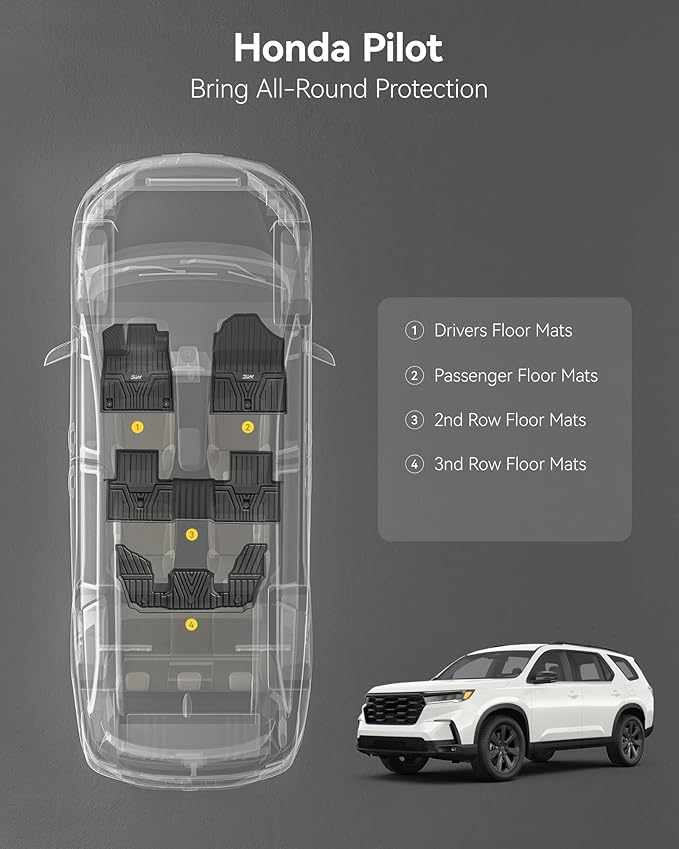 3W Floor Mats Fit for 2025 2024 2023 Honda Pilot, Custom Fit Floor Liner for 1st 2nd and 3rd Row Full Set TPE All-Weather Car Liners, Black
