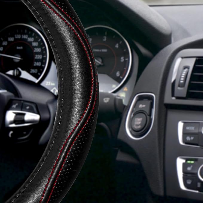 HAOKAY Top Grade Black Genuine Leather Steering Wheel Cover Men Women, Luxury Steering Wheel Cover for Cars, SUVS and Trucks, Universal 14.5-15 inch