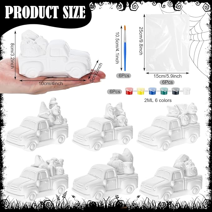 JellyArch 6 Set Halloween DIY Ceramics to Painting Kits 3D Ceramic Truck to Paint Your Own Truck with Pumpkins Ghost Cross Statues Unpainted Plaster Crafts with Brush Paint Bag for Adult