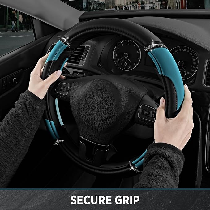 Road Comforts Leather Steering Wheel Cover - Made with PVC Leather - Anti-Slip, Universal Fit 14 1/2 inches to 15 inches - Dark Blue