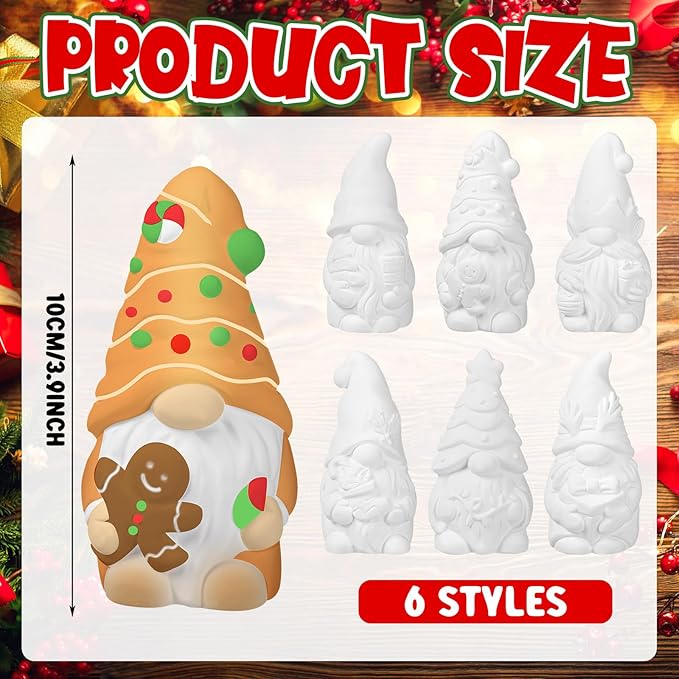 Eersida 6 Sets Christmas Gnome Ceramics to Paint Xmas Ready to Paint Your Own Ceramic Gnome Statues DIY Unpainted Ceramics Paintable Figurines Kit Crafts with Brush Palette