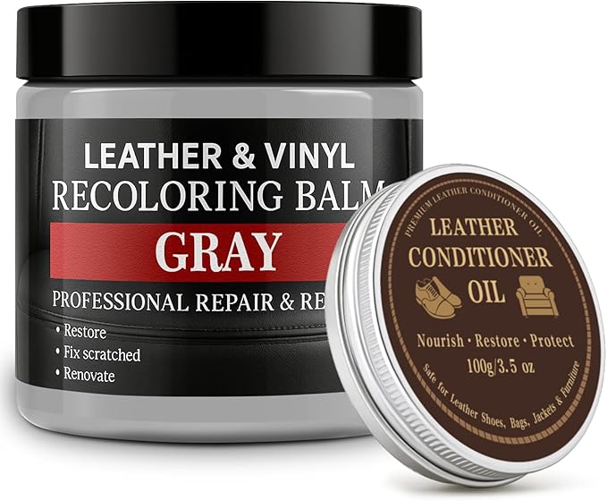Leather Color Restorer, Leather Recoloring Balm, Scratch Remover, Leather Dye, Leather Paint with Leather Conditioner, Leather Repair Kit for Furniture Couches Car Seats Shoes, Gray