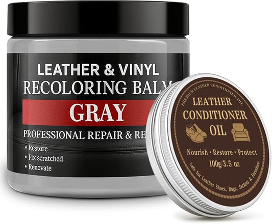 Leather Color Restorer, Leather Recoloring Balm, Scratch Remover, Leather Dye, Leather Paint with Leather Conditioner, Leather Repair Kit for Furniture Couches Car Seats Shoes, Gray