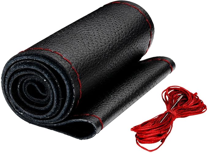 AUTOXBERT 38cm/15 Genuine Leather DIY Steering Wheel Cover Soft Hand Sewing On Wrap Cover with Needles Thread fit for VW Ford Nissan Kia Vauxhall