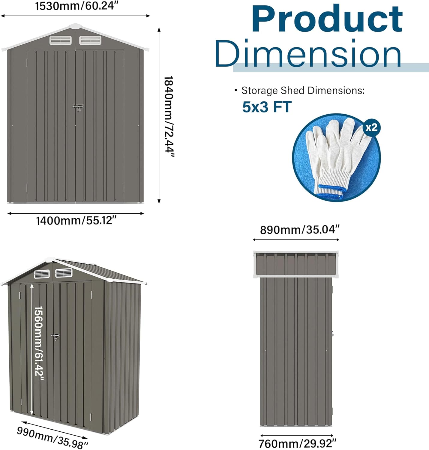 ARMSET 5x3 FT Metal Outdoor Storage Shed for Patio & Balcony - Waterproof Small Shed for Garden Storage, Lockable Vertical Tool Shed Cabinet for Backyard, Bike Parts & Sundries