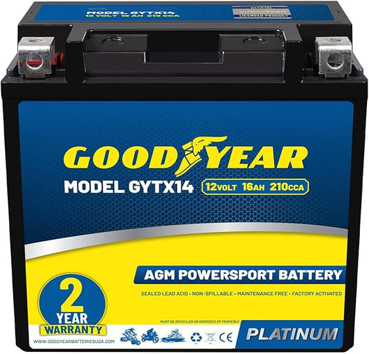 Goodyear GYTX14-12 Volt 16 AH, 210 CCA, Rechargeable High-Performance, Maintenance Free, SLA - AGM Battery for Motorcycle, ATV, UTV, 4-Wheeler, Snowmobile, Watercraft and more!