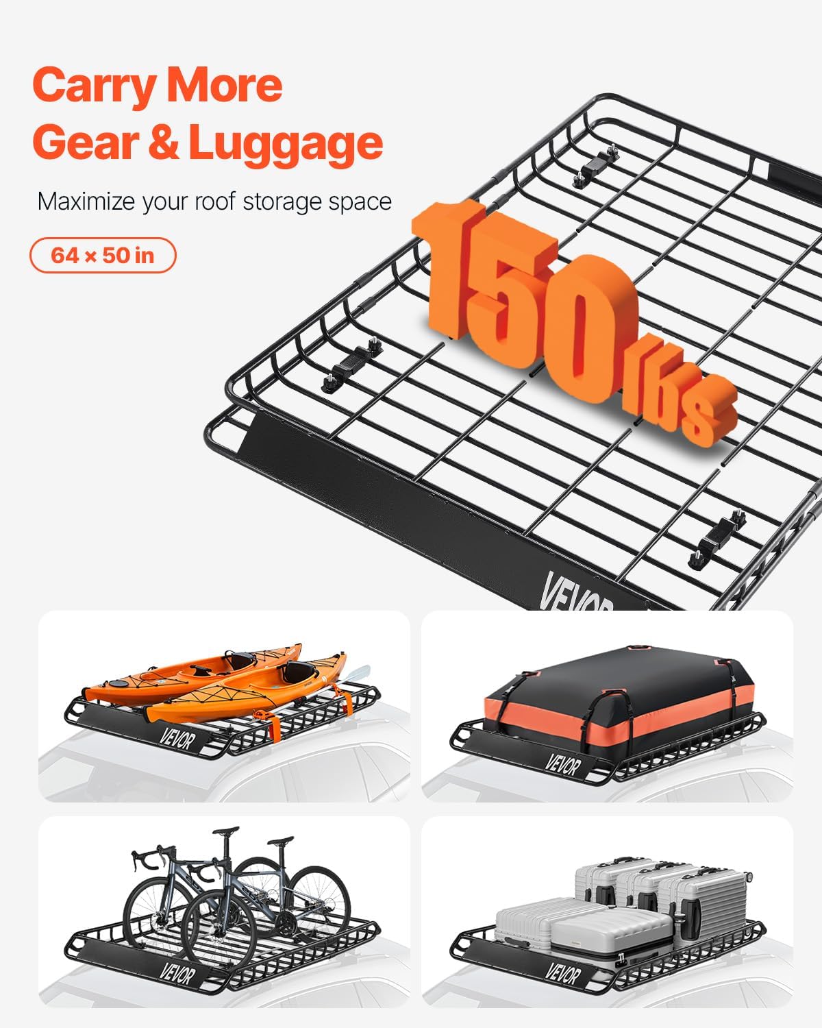 VEVOR Roof Rack Basket, 64 x 50 x 4.1 in, Universal Rooftop Cargo Carrier with Two 35.4 x 39.4 in Cargo Net,150 lbs Max Car Top Luggage Holder, 4.1 in Fence, Anti-Rust Alloy Steel, for SUV Truck Car