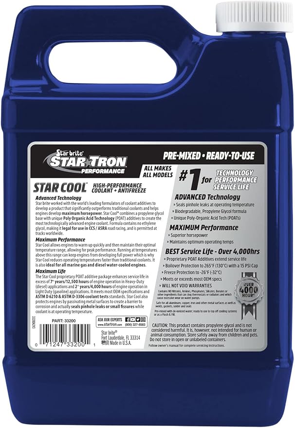Star Tron Star-Cool Premium Synthetic PG Engine Coolant + Antifreeze - Propylene Glycol for Engines, Motorcycles, Snowmobiles & Marine - 1 GAL (033200)