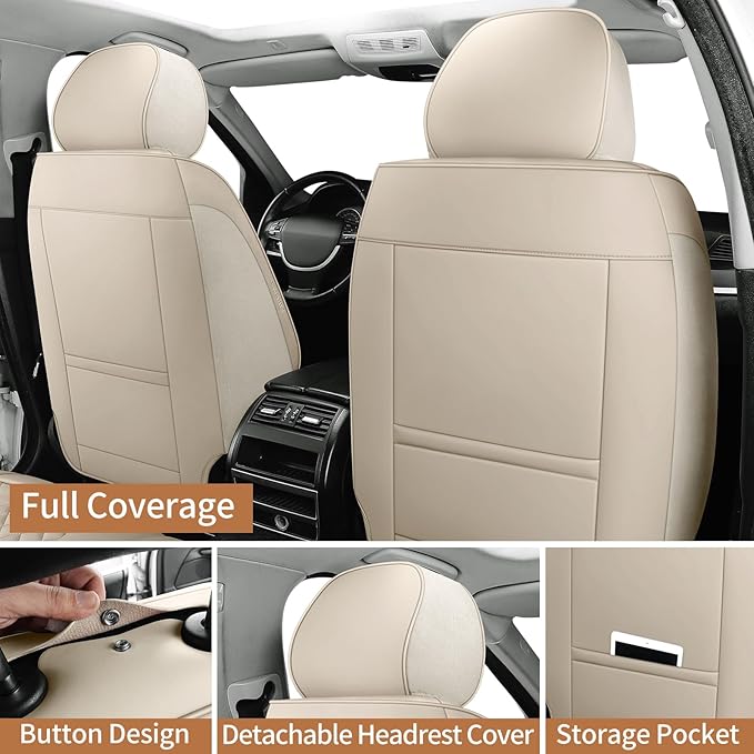 Leather Car Seat Covers Full Set Breathable Automotive Seat Covers Waterproof Seat Protectors Universal Fit for Most Automotive Cars SUV Trucks Van (Beige, Full Set)