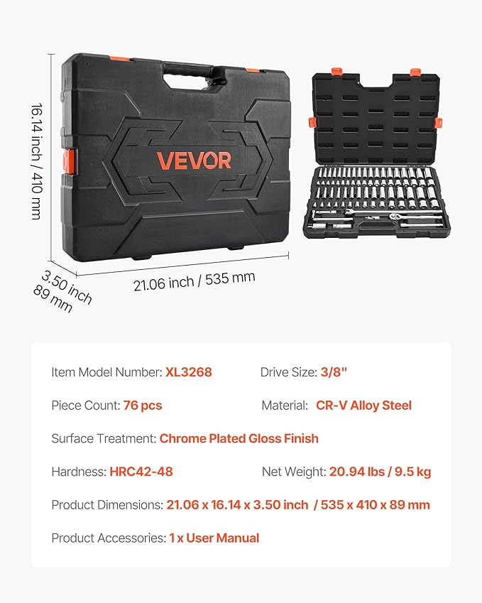 VEVOR Socket Set, 76 Pieces, 3/8 inch Drive Socket and Ratchet Set, SAE and Metric, Deep and Shallow, Mechanic Tool Kit with Accessories and Storage Case, CR-V Alloy Steel, for Automotive Repair