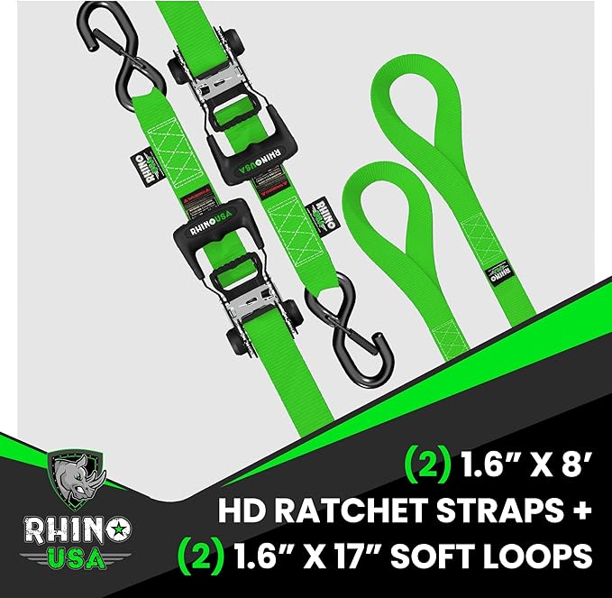 Rhino USA Ratchet Straps Heavy Duty Kit (2-Pack) - 1.6 Inch x 8 Feet Min Break Strength (5,000) - Ultimate Tie Down Straps with Safety S Hooks for Trucks, ATV, UTV, Motorcycle, Cargo & More - Green