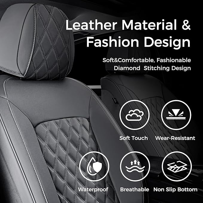 Huidasource Gray Seat Covers Full Set, Gray Seat Covers 5 Seats Waterproof Nappa Leather, Universal Fit for Most Cars,Van,Truck, SUV, Honda Civic Nissan Compass Sentra Focus Explorer(Full Set/Gray)