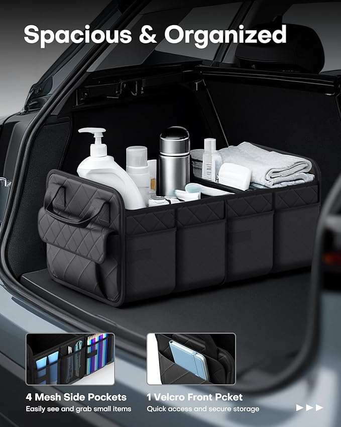 HOTOR Trunk Organizer for SUV – Foldable & Portable Car Organizers and Storage with 2 Compartments, Large Capacity Car Trunk Organizer Car Accessories for Truck Sedan, Black, 21.7" x 12.8" x 11.0"